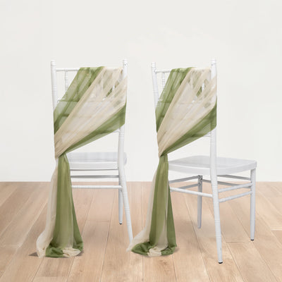 Elegant green and cream chair sashes draped on white chairs.