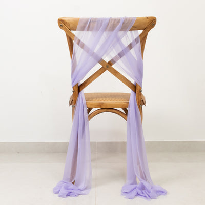Lavender sheer fabric draped on a wooden chair