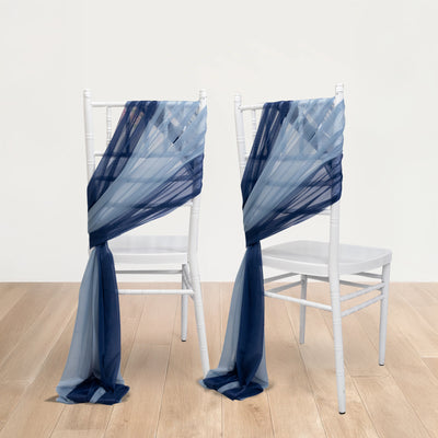 Navy and light blue chair sashes elegantly draped on white chairs