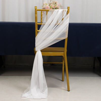 White sheer chair sash draped elegantly over a gold chiavari chair.