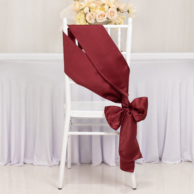 Burgundy satin chair sash with bow accent for elegant decor