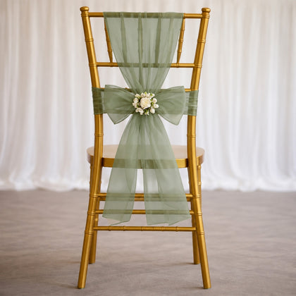 20 Pack Organza Chair Sashes 6"x108" Dusty Sage Green – Reusable Sheer Wedding Chair Bows