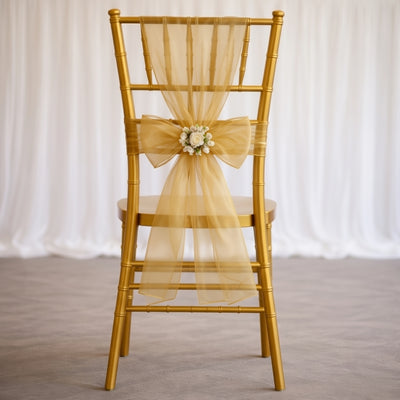 20 Pack Organza Chair Sashes 6"x108" Gold – Reusable Sheer Wedding Chair Bows