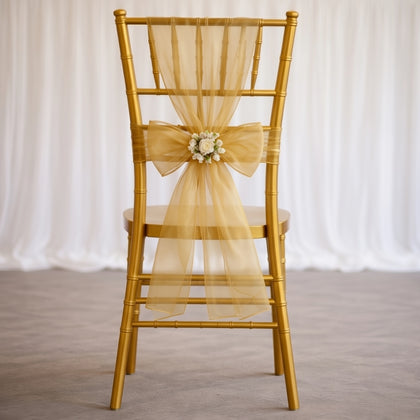 20 Pack Organza Chair Sashes 6"x108" Gold – Reusable Sheer Wedding Chair Bows