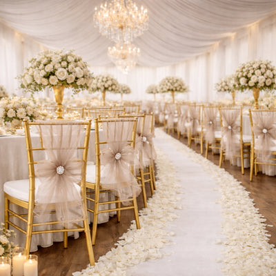 Elegant wedding reception setup with floral centerpieces and chair decor.
