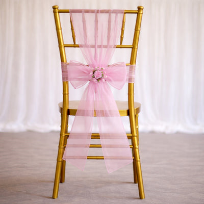20 Pack Organza Chair Sashes 6"x108" Pink – Reusable Sheer Wedding Chair Bows