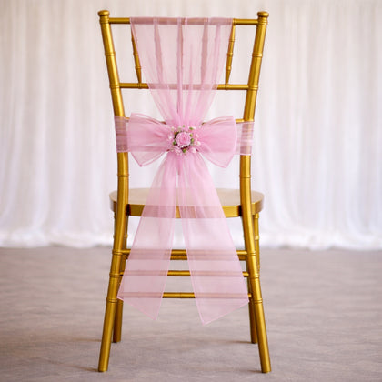 20 Pack Organza Chair Sashes 6"x108" Pink – Reusable Sheer Wedding Chair Bows