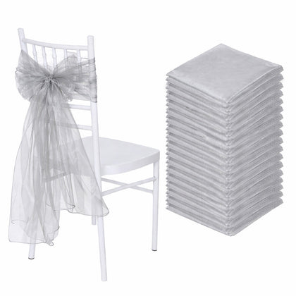 20 Pack Organza Chair Sashes 6"x108" Silver – Reusable Sheer Wedding Chair Bows