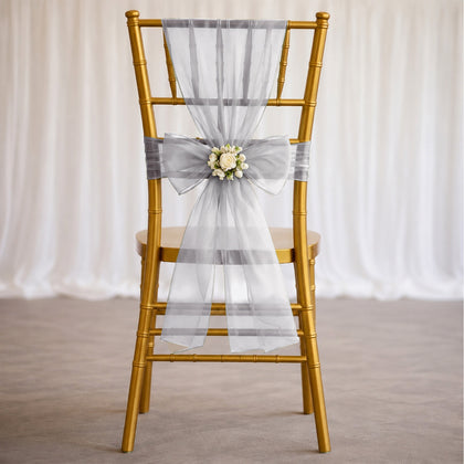 20 Pack Organza Chair Sashes 6"x108" Silver – Reusable Sheer Wedding Chair Bows