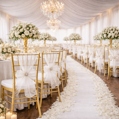 Elegant wedding reception setup with floral arrangements and golden chairs.