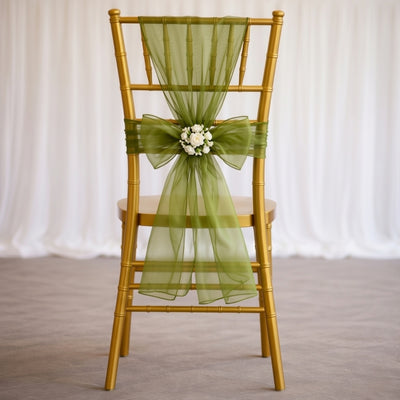 20 Pack Organza Chair Sashes 6"x108" Olive Green – Reusable Sheer Wedding Chair Bows