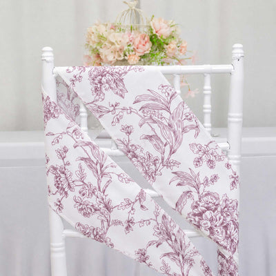 White floral chair sash with pink botanical print on decorative wedding chair