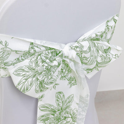 Green floral chair sash tied elegantly on a white chair.
