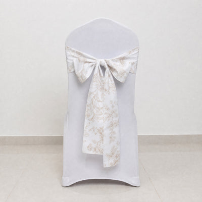 White Chiavari chair cover with floral bow sash for wedding decor