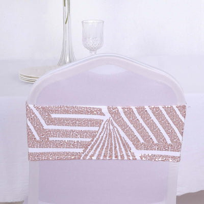Rose gold patterned chair sash on a transparent chair against a white background.