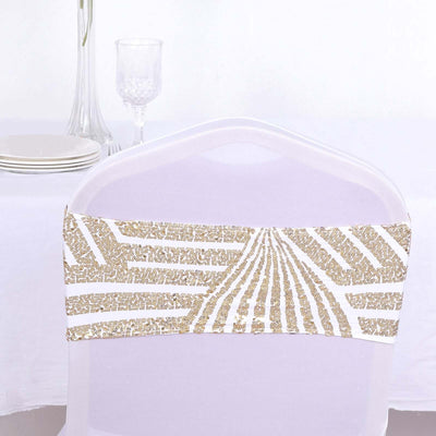 Gold and white chair sash with geometric design on a transparent chair.