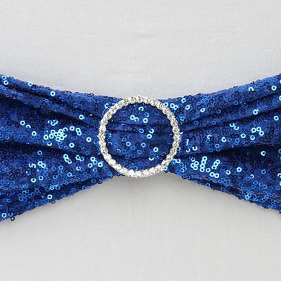 Blue sequin fabric with a silver circular embellishment
