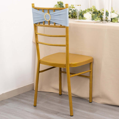 Gold chiavari chair with light blue ribbon detail on back