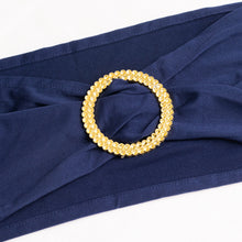 5 Pack Navy Blue Spandex Chair Sashes with Gold Rhinestone Buckles, Elegant Stretch Chair#whtbkgd