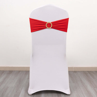 Red chair sash with rhinestone buckle on a white chair