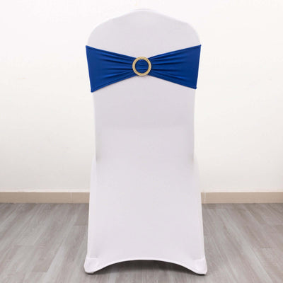 Blue chair sash with rhinestone buckle on a white chair.
