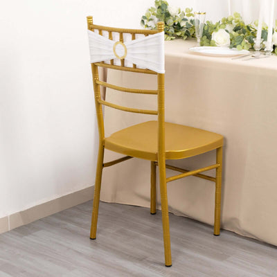 Gold chiavari chair with white sash, styled for elegant dining.