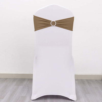 White chair cover with brown sash and ring detail