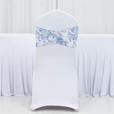 White chair cover with blue decorative tie, ideal for events and weddings.