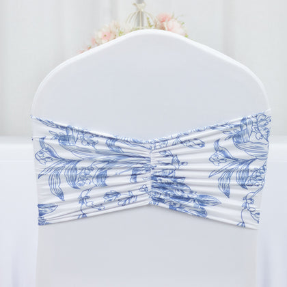 5 Pack French Toile Spandex Chair Sashes White Blue – 8"x13" Ruffled Stretch Chair Bands for Weddings & Events