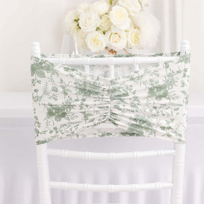 Floral chair cover with gathered design on a white chair.