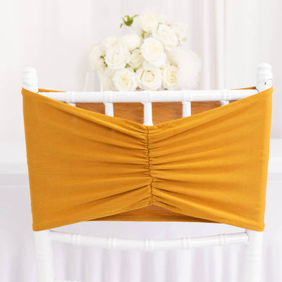 Mustard yellow chair sash with gathered detail for elegant event decor.