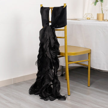 Whimsical Beauty: Black Curly Willow Chiffon Satin Chair Sashes