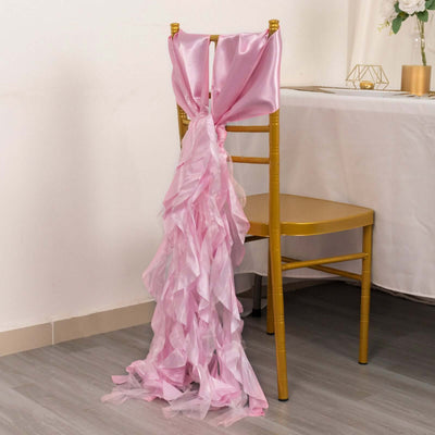 Pink satin chair sash draped elegantly on a gold chair.