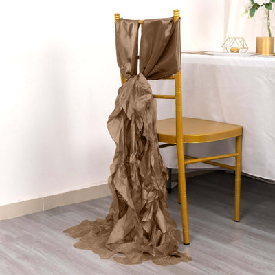 Brown chair sash draping elegantly down a golden chair.