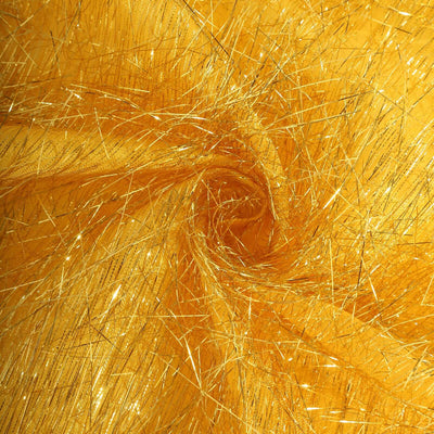 Shimmering golden fabric with metallic threads in a swirling pattern.