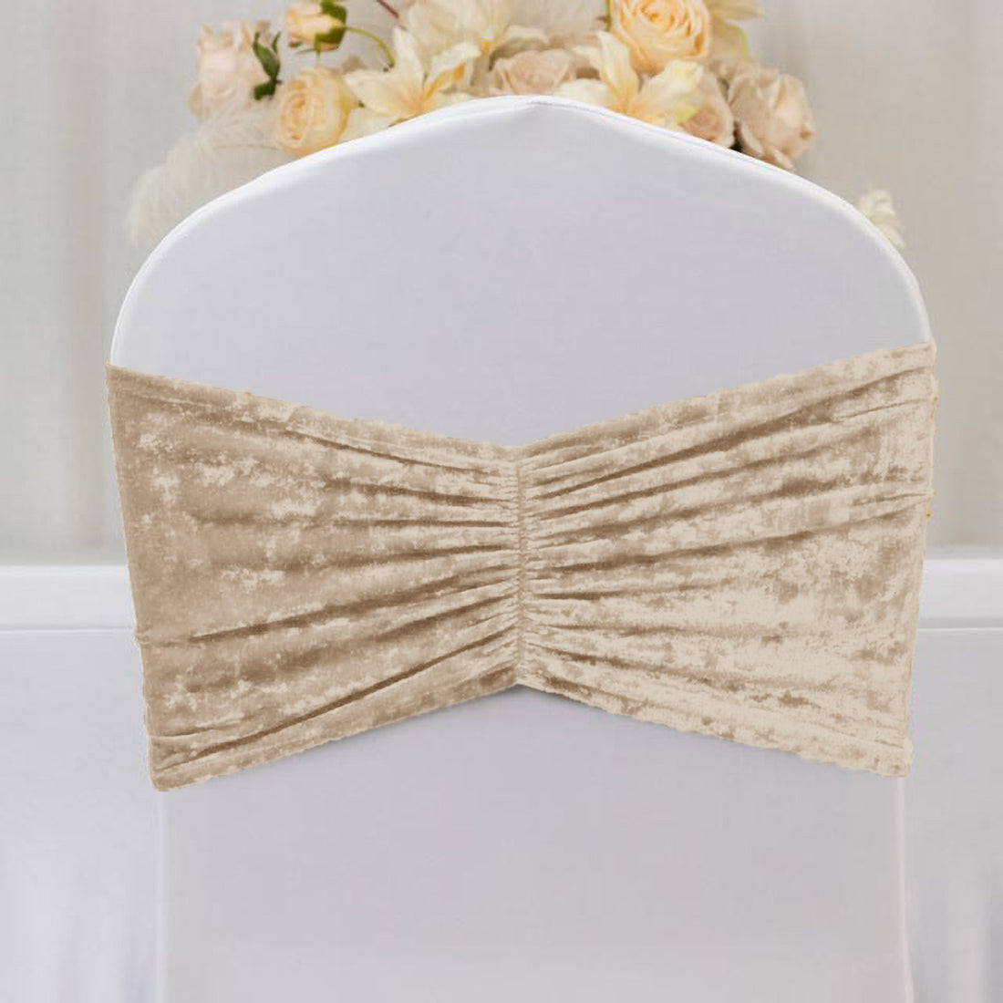 Beige velvet chair sash with gathered design for elegant decor.