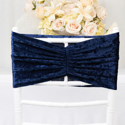 Navy velvet chair sash with elegant pleating design
