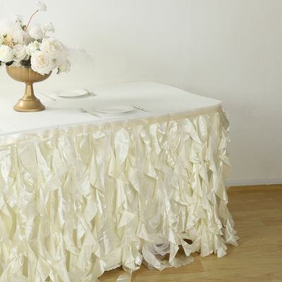 Elegant ivory table skirt with ruffled design, perfect for event decor.