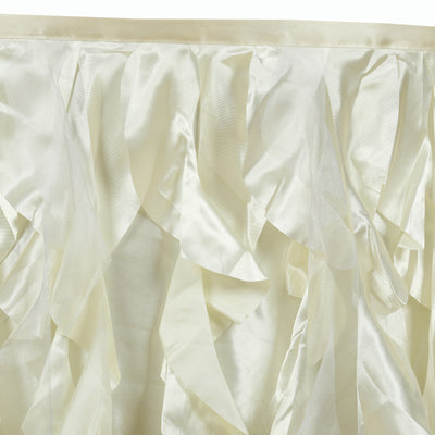 Elegant ivory satin ruffle fabric for event decor and crafts.
