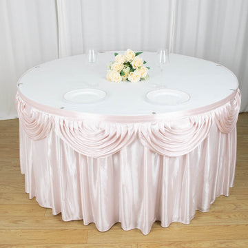 Create a Regal Atmosphere with the Blush Pleated Satin Double Drape Table Skirt