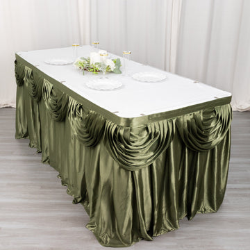 Drape Your Tables in Elegance with the Dusty Sage Green Pleated Satin Double Drape Table Skirt