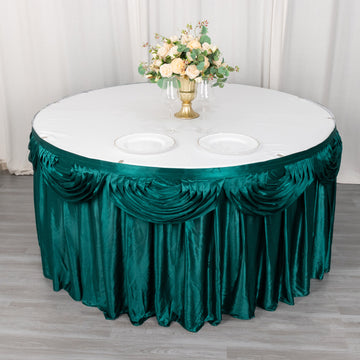 Transform Your Tables with the Peacock Teal Pleated Satin Double Drape Table Skirt