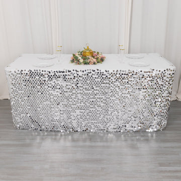 Elevate Your Event with the Silver Premium Big Payette Sequin Dual Layered Satin Table Skirt