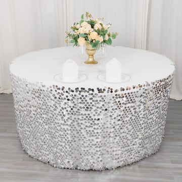 Make a Statement with the Silver Premium Big Payette Sequin Dual Layered Satin Table Skirt