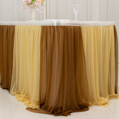 Elegant ombre table skirt in shades of yellow and brown for event decor.