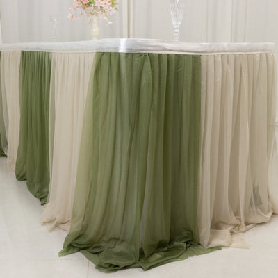 Elegant green and beige table skirt for events and decor.