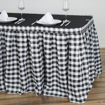 Elevate Your Event Décor with White/Black Checkered Polyester Table Skirt