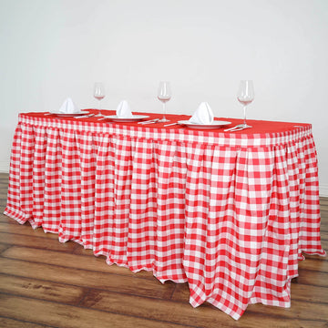 Stylish White/Red Checkered Polyester Table Skirt for Event Decor