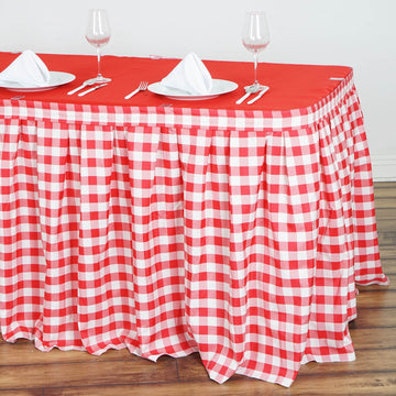 Elevate Your Event Decor with a White/Red Checkered Polyester Table Skirt