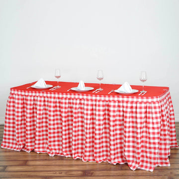 Stylish and Versatile White/Red Checkered Polyester Table Skirt